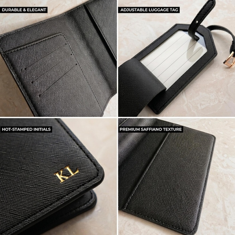 Peut inclure: Ensemble d'accessoires de voyage noirs, comprenant un porte-passeport et une &eacute;tiquette &agrave; bagages. Le porte-passeport comporte des fentes pour cartes et des initiales dor&eacute;es. L'&eacute;tiquette &agrave; bagages est r&eacute;glable.