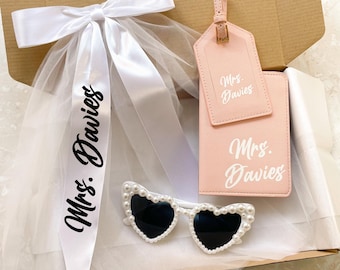 Personalized Leather Passport Holder and Luggage Tag, Heart Sunglasses and bow veil, Custom Engagement Gift Box for Bride, Future Mrs Gift