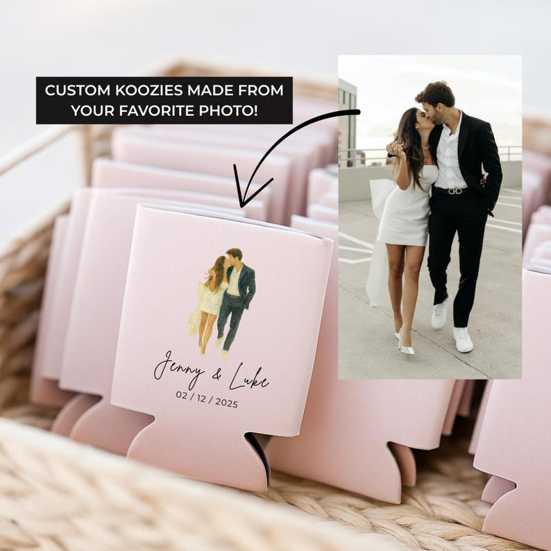 Personalized Wedding Koozies with watercolor portrait from photo, custom couple illustration Can Cooler, hand drawn portrait Wedding Favors image 11