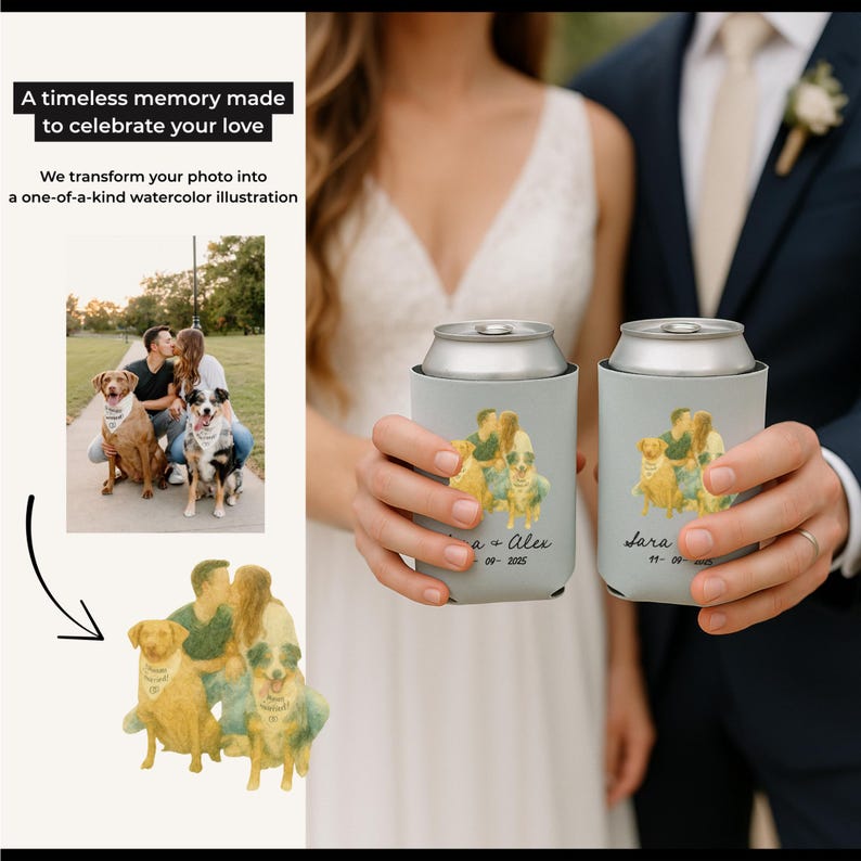May include: Two light gray can coolers with custom watercolor illustrations of a couple and their dogs. The coolers have the names "Sara" and "Alex" with dates printed on them. The image also shows a photo of the couple with their dogs.