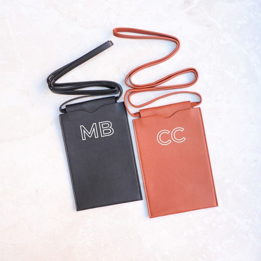 Personalized Cell Phone Pouch With Strap, Brown Soft Vegan Leather