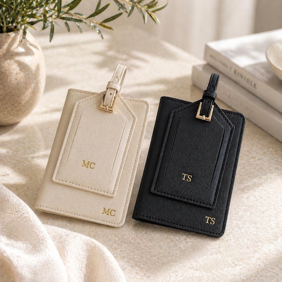 Personalized Leather Passport Holder and Luggage Tag Set, Mr and Mrs Passport Cover and Luggage Tag Honeymoon Gift, Wedding Gift for Couples