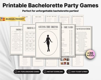 May include: Printable bachelorette party games with a black and white design. The games include "Drink If", "Bridal Bingo", "Guess the Dress", "He Said - She Said", "Higher or Lower", "She Would Rather", and "Would Rather".