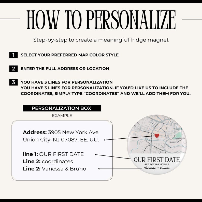 May include: A guide on how to personalize a fridge magnet. The text includes instructions on selecting a map color, entering an address, and personalizing with three lines. An example shows a map with a heart and the text "Our First Date."