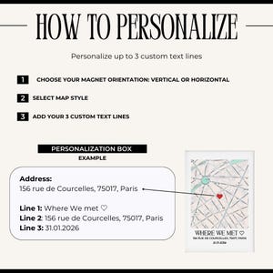 May include: Image with instructions on how to personalize a map magnet. The text reads "HOW TO PERSONALIZE" and includes steps to choose orientation, map style, and add custom text. An example shows a map with a heart.