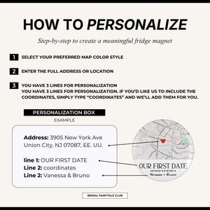 May include: An instructional graphic titled HOW TO PERSONALIZE with three steps for ordering a custom fridge magnet. It shows a personalization box example with an address, three lines of text, and a circular map magnet featuring a red heart icon.