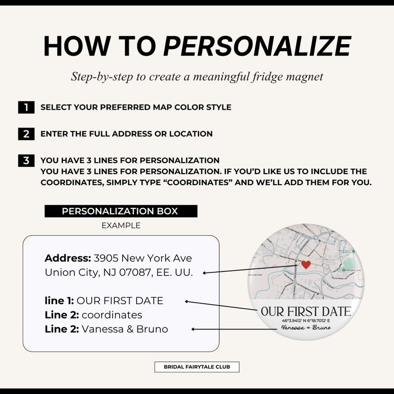 May include: An instructional graphic titled HOW TO PERSONALIZE with three steps for ordering a custom fridge magnet. It shows a personalization box example with an address, three lines of text, and a circular map magnet featuring a red heart icon.