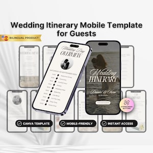 Op de afbeelding: Een mobiel telefoonscherm met een sjabloon voor een huwelijksroute voor gasten. Het sjabloon is ontworpen in zwart en wit met een moderne, minimalistische esthetiek. Het scherm toont een schema van evenementen voor een huwelijksdag, inclusief de ceremonie, de cocktailtijd, het huwelijksmaal, de toespraken en meer. Het sjabloon bevat ook een knop met de tekst "Voor onze gasten".