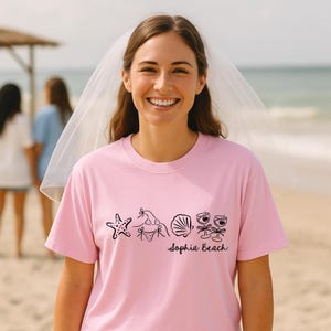 Letzter Toast auf der Küste Bachelorette Shirt mit Postkarten-Design, personalisiertes Strand Bach Party T-Shirt, Küsten Bachelorette Party Braut Tshirt