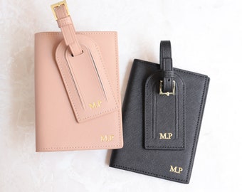 Personalized leather passport holder and luggage tag, custom passport cover for mr and mrs, monogram wallet case, wedding gift travel set