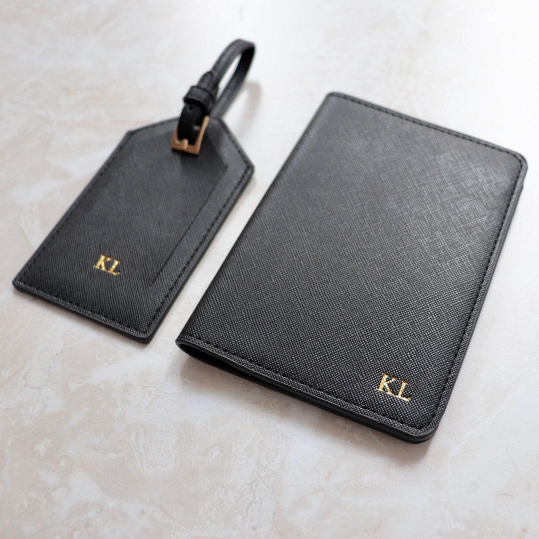 Personalized Black Leather Passport Holder and Luggage Tag, Custom Passport Cover and Luggage Tag with Initials, Monogram Leather Travel Set