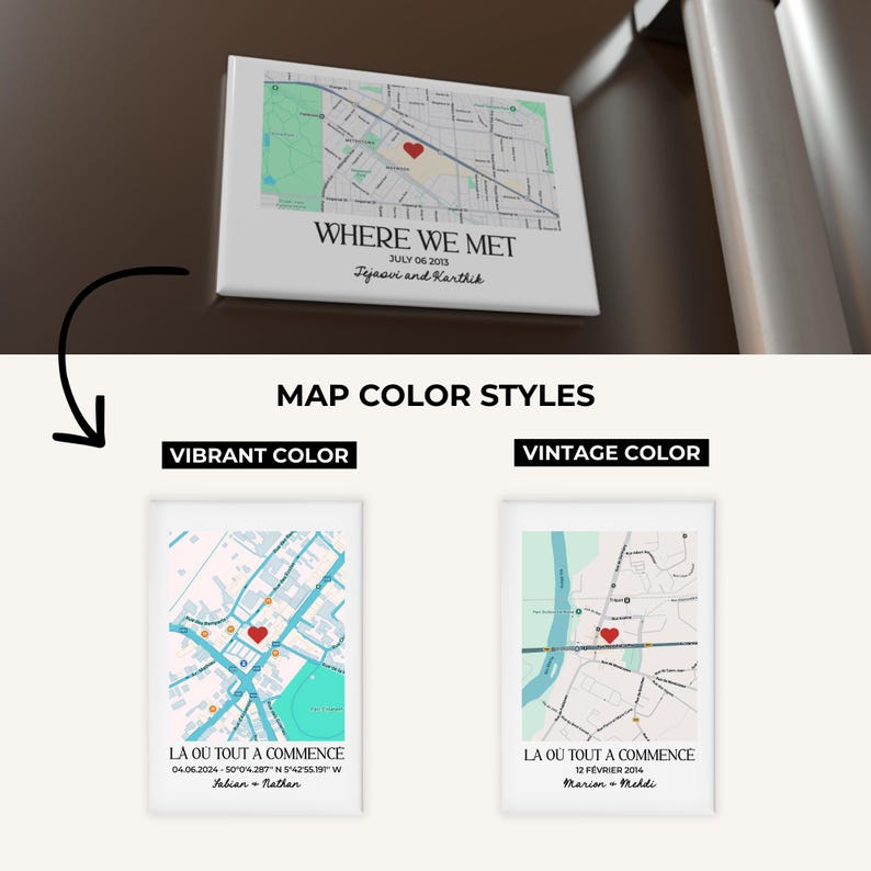 May include: A white canvas print with a map design, a red heart, and the text "WHERE WE MET JULY 06 2013 Tejasvi and Karthik." Below are two map color style options: "VIBRANT COLOR" and "VINTAGE COLOR."