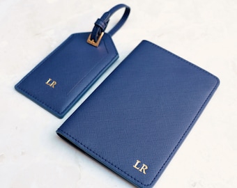 Personalized Blue Passport Holder and Luggage Tag Set, Custom Leather Passport Cover and Luggage Tag, Monogrammed Passport Cover For Couples