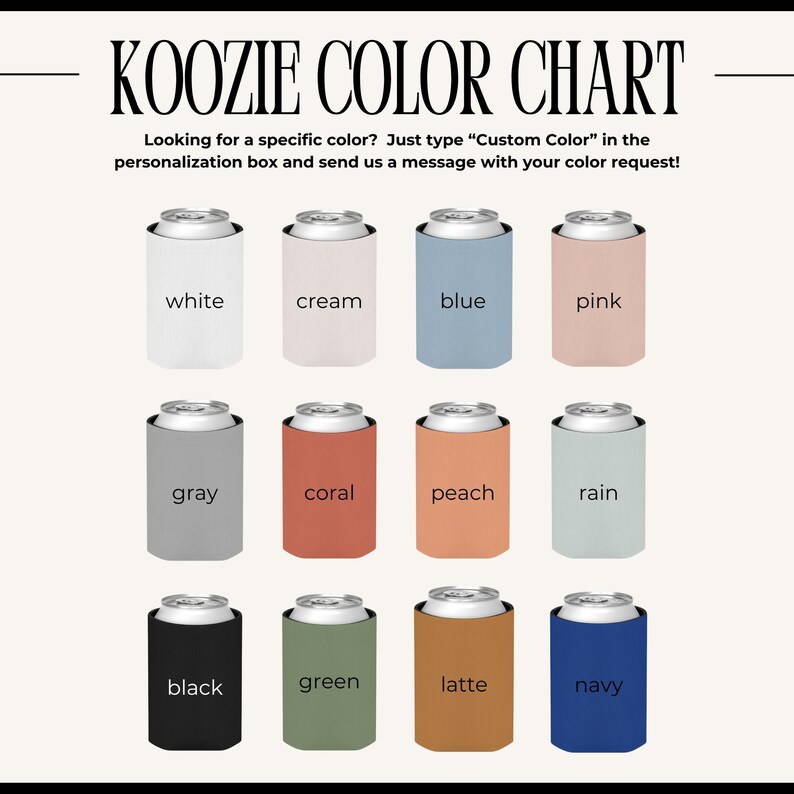 May include: A color chart for koozies, featuring a variety of colors including white, cream, blue, pink, gray, coral, peach, rain, black, green, latte, and navy. The text "KOOZIE COLOR CHART" is at the top.