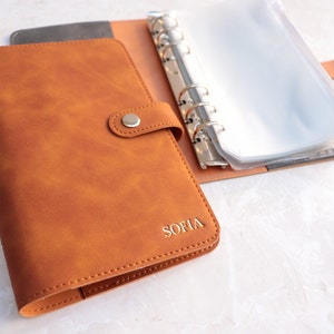 Personalized leather budget binder with cash envelopes, custom monthly budget planner, A6 saving wallet starter kit, receipt organizer book