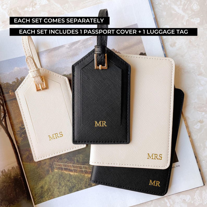 Personalized Leather Passport Holder and Luggage Tag Set, Mr and Mrs Passport Cover and Luggage Tag Honeymoon Gift, Wedding Gift for Couples