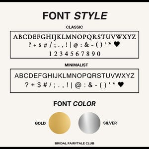 Peut inclure: Une image pr&eacute;sentant des styles et des couleurs de polices. Le texte indique "FONT STYLE" et affiche des exemples de polices "CLASSIC" et "MINIMALIST". En dessous, "FONT COLOR" est affich&eacute; avec des &eacute;chantillons de couleurs or et argent. Le texte "BRIDAL FAIRYTALE CLUB" est en bas.
