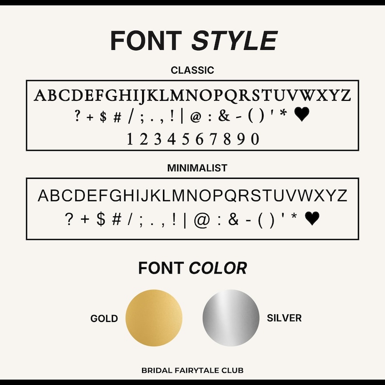 Peut inclure: Une image pr&eacute;sentant des styles et des couleurs de polices. Le texte indique "FONT STYLE" et affiche des exemples de polices "CLASSIC" et "MINIMALIST". En dessous, "FONT COLOR" est affich&eacute; avec des &eacute;chantillons de couleurs or et argent. Le texte "BRIDAL FAIRYTALE CLUB" est en bas.