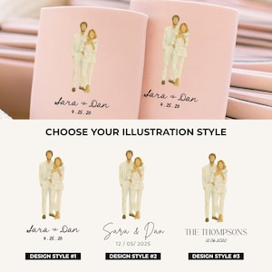 May include: Two pink wedding favors with illustrations of a couple, the names "Sara & Dan" and the date "4.25.26". Below are three design styles with names and dates. The text "CHOOSE YOUR ILLUSTRATION STYLE" is at the top.
