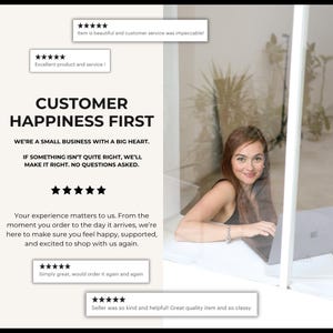 May include: A promotional image with the text "CUSTOMER HAPPINESS FIRST" and customer reviews. A woman is visible through a window, working on a laptop. The image emphasizes customer service and satisfaction, with star ratings and positive feedback.