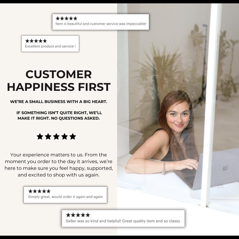 May include: A promotional image with the text "CUSTOMER HAPPINESS FIRST" and customer reviews. A woman is visible through a window, working on a laptop. The image emphasizes customer service and satisfaction, with star ratings and positive feedback.