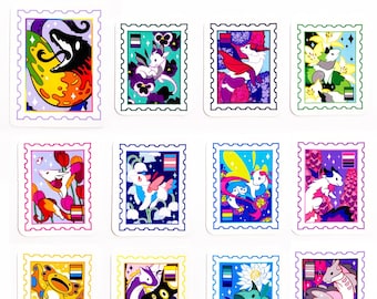 May include: Twelve colorful square stickers with a white border and a white background. Each sticker features a different illustration of a mythical creature with a rainbow flag in the corner. The stickers are perfect for adding a touch of whimsy to your laptop, water bottle, or planner.