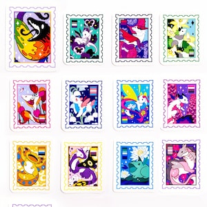 Puede incluir: Doce pegatinas cuadradas de colores con un borde blanco y un fondo blanco. Cada pegatina presenta una ilustración diferente de una criatura mítica con una bandera arcoíris en la esquina. Las pegatinas son perfectas para agregar un toque de fantasía a tu computadora portátil, tu botella de agua o tu planificador.