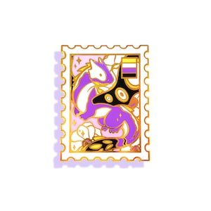 May include: A decorative pin featuring a purple and white dragon design within a gold-edged stamp shape. The pin includes a non-binary pride flag and star accents, set against a light pink background.