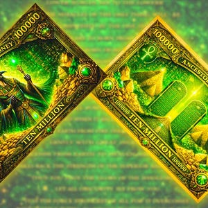 以下が含まれることがあります： 緑と金のAncestors Moneyカードが2枚。各カードの価値は100000で、「Ten Million」の文字が書かれています。1枚のカードには、杖を持った人物のイラストが描かれています。もう1枚のカードには、2つの緑色のタブレットのデザインがあります。