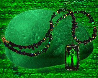Emerald Tablet Necklace – Thoth Talisman Pendant – Egyptian Sacred Relic – Handmade Green Crystal Necklace
