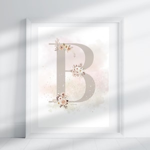 Letra B - Floral gris topo suave / Impresión de letras / Impresión del alfabeto / Inicial / Letra mayúscula / Arte mural / Letra hecha a mano / Descarga digital