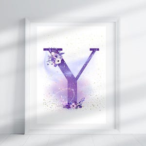 Letra Y - Floral morado / Impresión de letras / Impresión del alfabeto / Inicial / Letra mayúscula / Arte de pared / Póster de letras hecho a mano / Descarga digital