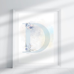 Letra D - Floral azul agua / Impresión de letras / Impresión del alfabeto / Inicial / Letra mayúscula / Arte mural / Letra hecha a mano / Descarga digital