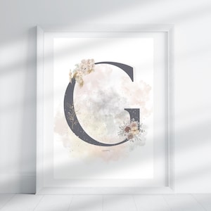 Letra G - Floral beige carbón / Impresión de letras / Impresión del alfabeto / Inicial / Letra mayúscula / Arte mural / Letra hecha a mano / Descarga digital