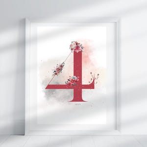 Number 4 - Rose Grey Floral | Number Print | Wall Art | Printable Number | Number Design | Handmade Number Poster Print | Digital Download