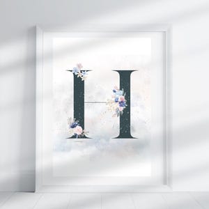 Letter H - Blue Winter Floral | Letter Print | Alphabet Print | Initial | Capital Letter | Wall Art | Handmade Letter | Digital Download