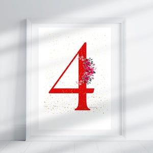 Number 4 - Red Floral | Number Print | Wall Art | Printable Number | Number Four Print | Gold Glitter Sparkle | Digital Download