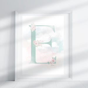 Letter E - Green Sky Floral | Letter Print | Alphabet Print | Initial | Capital Letter | Wall Art | Handmade Letter | Digital Download