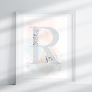 Letter R - Grey Blue Floral | Letter Print | Alphabet Print | Initial | Capital Letter | Wall Art | Handmade Letter | Digital Download