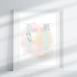Buchstabe H - Cyan Blush Floral | Buchstabe Druck | Alphabet Druck | Initiale | Großbuchstabe | Wandkunst | Handgemachter Buchstabe | Digitaler Download