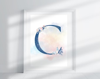 Lettera C - Blushing Blue Floral / Stampa di lettere / Stampa dell'alfabeto / Iniziale / Lettera maiuscola / Arte murale / Lettera fatta a mano / Download digitale
