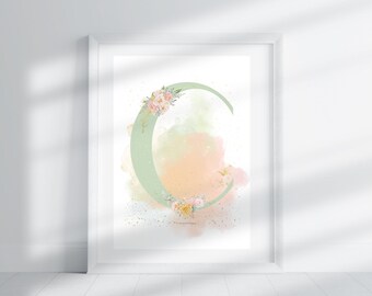 Lettera C - Floreale verde / Stampa di lettere / Stampa dell'alfabeto / Iniziale / Lettera maiuscola / Arte murale / Poster di lettere fatto a mano / Download digitale