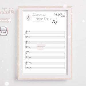 May include: A framed print of sheet music labelled "Sheet Music Sharp Keys 2". The white paper displays musical notation, including treble and bass clefs, and musical notes. The word "Printable" is written in a cursive font in the upper left corner.
