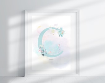 Lettera C - Aqua Sky Floral / Stampa di lettere / Stampa dell'alfabeto / Iniziale / Lettera maiuscola / Arte murale / Lettera fatta a mano / Download digitale