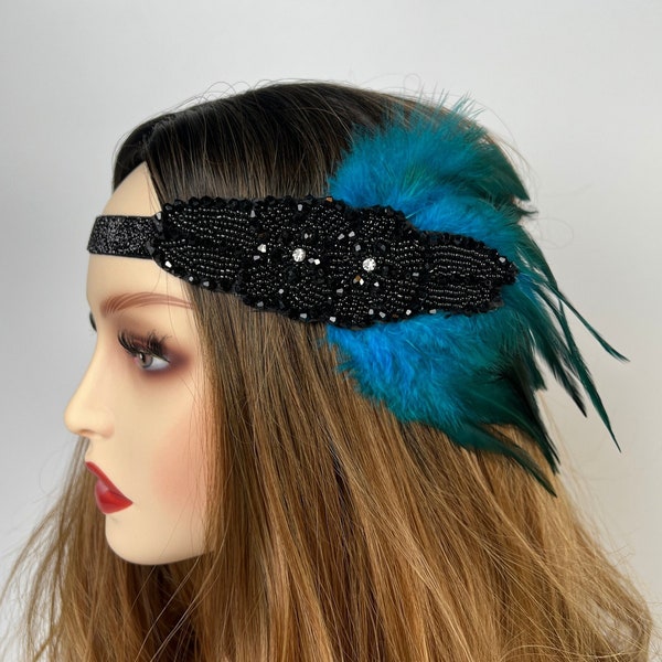 Great Gatsby Flapper Headband | Rhinestone and Feather Headpiece | Black, Blue, or Red | Roaring 20's Theme Party Headband | Art Deco