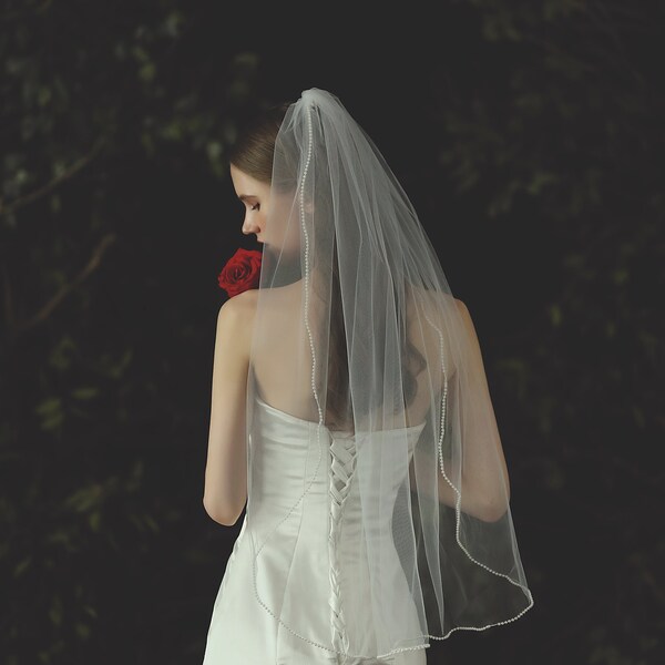 Ivory Soft Bridal Wedding Veil with Pearls, Off White, Bridal Veil, Waist Length,  Simple Sheer Veil with Handmade Pearls