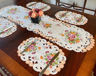 Embroidered Polyester Cutwork Green Flower Placemat Table Runner Dresser Scarf