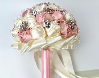 Bridal Brooch Bouquet | 8" Pink, Ivory and Rose Gold Jeweled Bouquet | Rhinestones and Pearls Decorated | Rose Wedding Brooch Bouquet