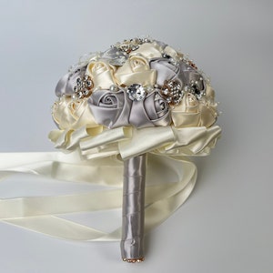 Bridal Brooch Bouquet | 8" Silver, Ivory and Rose Gold Jeweled Bouquet | Rhinestones and Pearls Decorated | Rose Wedding Brooch Bouquet