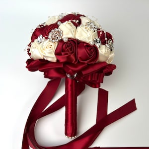 Bridal Brooch Bouquet | 8" Red, Ivory and Rose Gold Jeweled Bouquet | Rhinestones and Pearls Decorated | Rose Wedding Brooch Bouquet